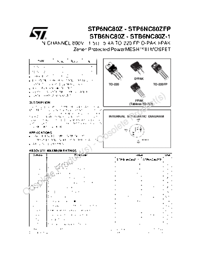 . Electronic Components Datasheets stb6nc80z stp6nc80z  . Electronic Components Datasheets Active components Transistors ST stb6nc80z_stp6nc80z.pdf