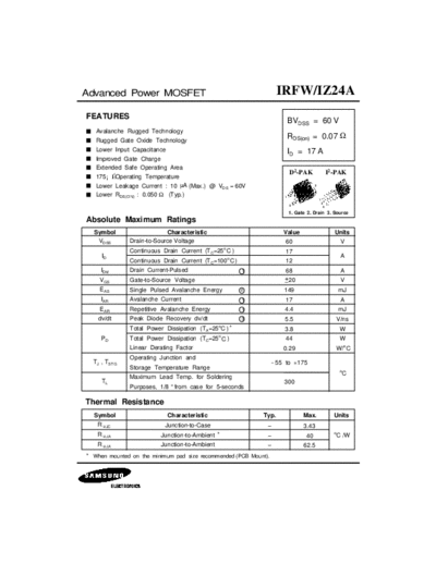. Electronic Components Datasheets irfwz24a  . Electronic Components Datasheets Active components Transistors Samsung irfwz24a.pdf
