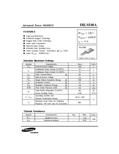 . Electronic Components Datasheets irls540a  . Electronic Components Datasheets Active components Transistors Samsung irls540a.pdf