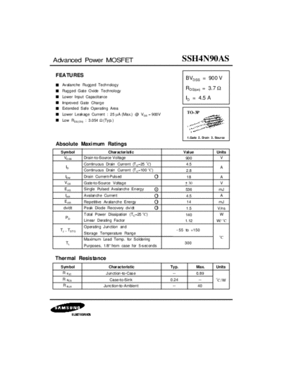 . Electronic Components Datasheets ssh4n90as  . Electronic Components Datasheets Active components Transistors Samsung ssh4n90as.pdf