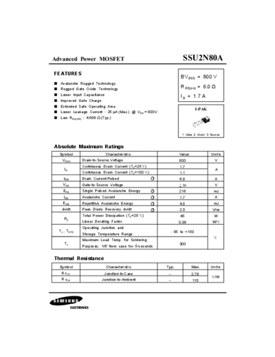 . Electronic Components Datasheets ssu2n80a  . Electronic Components Datasheets Active components Transistors Samsung ssu2n80a.pdf