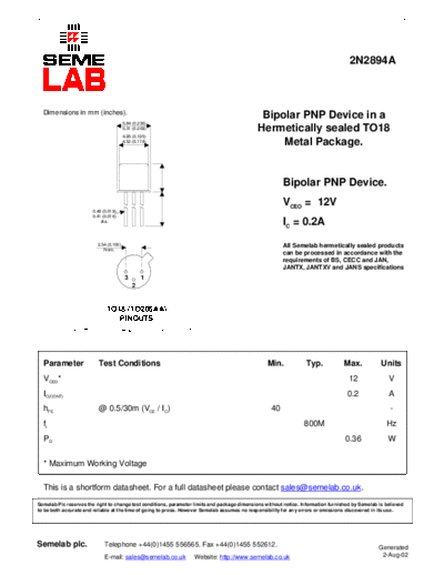 Semelab 2n2894a  . Electronic Components Datasheets Active components Transistors Semelab 2n2894a.pdf