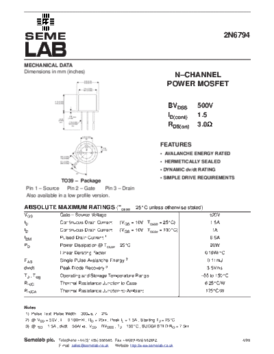 . Electronic Components Datasheets 2n6794  . Electronic Components Datasheets Active components Transistors Semelab 2n6794.pdf