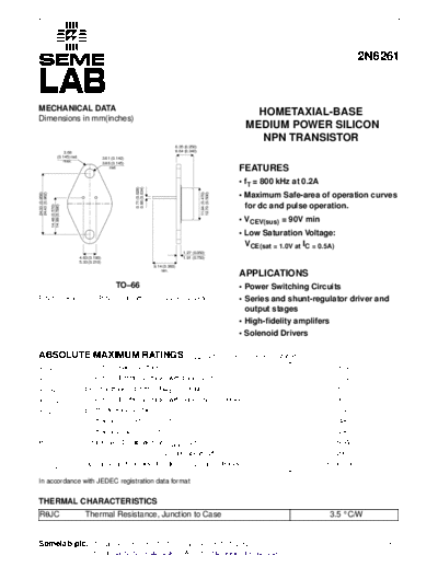 Semelab 2n6261  . Electronic Components Datasheets Active components Transistors Semelab 2n6261.pdf