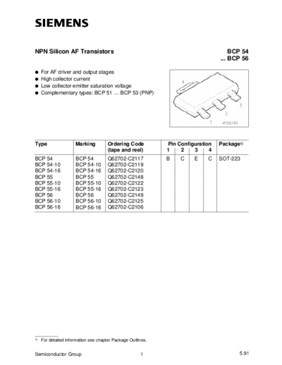 Siemens bcp54 bcp55 bcp56  . Electronic Components Datasheets Active components Transistors Siemens bcp54_bcp55_bcp56.pdf