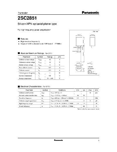 Panasonic 2sc2851 e  . Electronic Components Datasheets Active components Transistors Panasonic 2sc2851_e.pdf