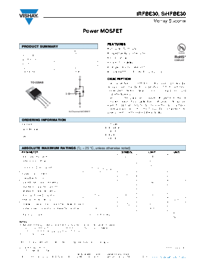 Vishay irfbe30 sihfbe30  . Electronic Components Datasheets Active components Transistors Vishay irfbe30_sihfbe30.pdf