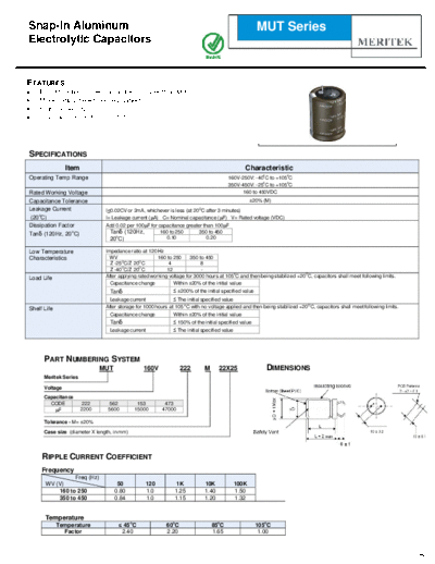 Meritek [snap-in] MUT Series  . Electronic Components Datasheets Passive components capacitors Meritek Meritek [snap-in] MUT Series.pdf