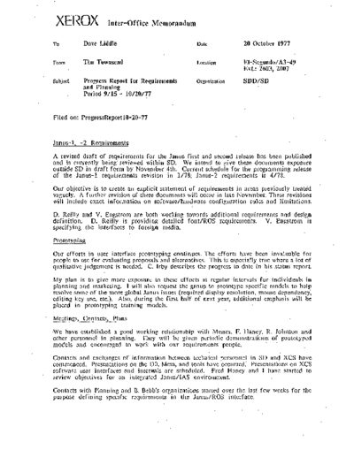 xerox 19771020 Progess Report For Requirements And Planning Period 9-15 10-20-77  xerox sdd memos_1977 19771020_Progess_Report_For_Requirements_And_Planning_Period_9-15_10-20-77.pdf