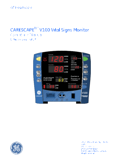 CARESCAPE GE Carescape V100 Monitor - User manual  . Rare and Ancient Equipment CARESCAPE V100 GE Carescape V100 Monitor - User manual.pdf