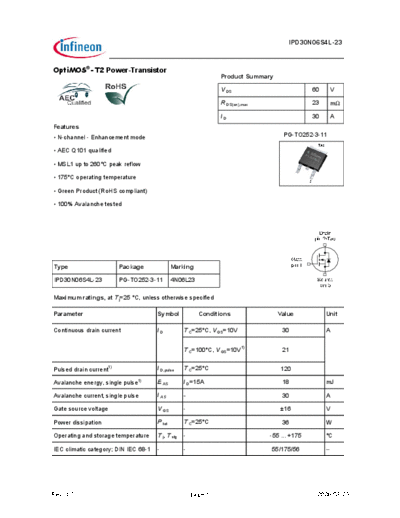 Infineon ipd30n06s4l-23 ds 10  . Electronic Components Datasheets Active components Transistors Infineon ipd30n06s4l-23_ds_10.pdf