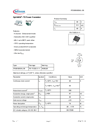 Infineon ipd90n06s4l-06 ds 10  . Electronic Components Datasheets Active components Transistors Infineon ipd90n06s4l-06_ds_10.pdf