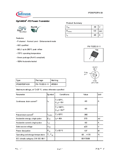 Infineon ipd90p03p4-04 ds 10  . Electronic Components Datasheets Active components Transistors Infineon ipd90p03p4-04_ds_10.pdf