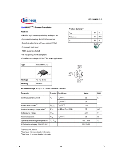 Infineon ipd220n06l3 rev2.0  . Electronic Components Datasheets Active components Transistors Infineon ipd220n06l3_rev2.0.pdf