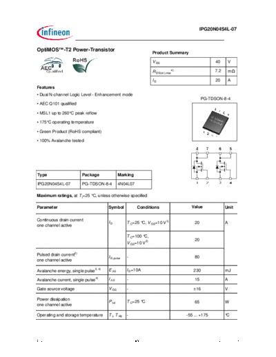 Infineon ipg20n04s4l-07 ds 1 0  . Electronic Components Datasheets Active components Transistors Infineon ipg20n04s4l-07_ds_1_0.pdf