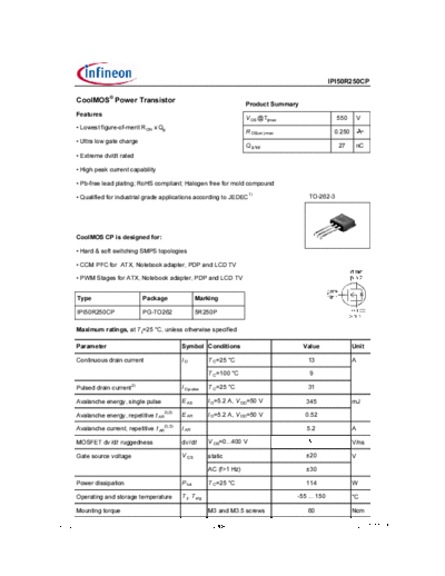 Infineon ipi50r250cp rev2.0  . Electronic Components Datasheets Active components Transistors Infineon ipi50r250cp_rev2.0.pdf