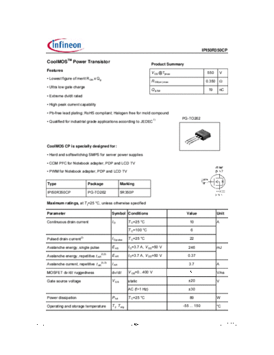 Infineon ipi50r350cp rev20a  . Electronic Components Datasheets Active components Transistors Infineon ipi50r350cp_rev20a.pdf