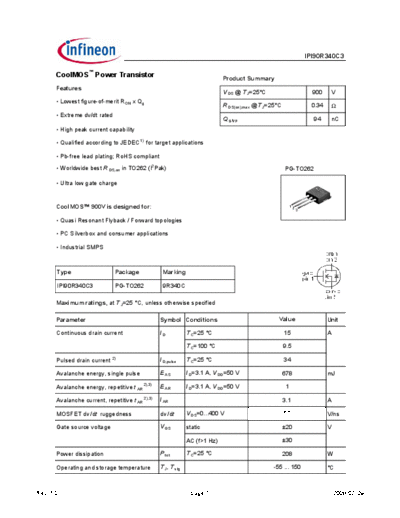 Infineon ipi90r340c3 1[1].0  . Electronic Components Datasheets Active components Transistors Infineon ipi90r340c3_1[1].0.pdf