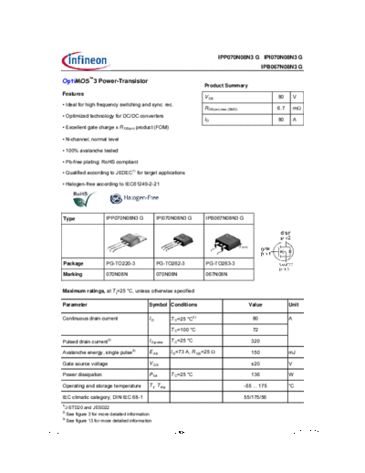 Infineon ipp070n08n3 rev2.3  . Electronic Components Datasheets Active components Transistors Infineon ipp070n08n3_rev2.3.pdf