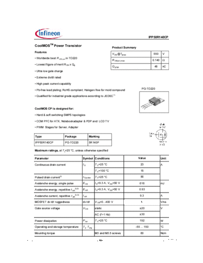 Infineon ipp50r140cp rev2[1].0  . Electronic Components Datasheets Active components Transistors Infineon ipp50r140cp_rev2[1].0.pdf