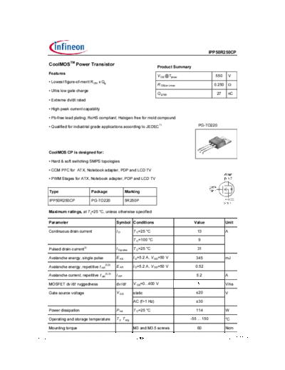 Infineon ipp50r250cp rev2[1].0  . Electronic Components Datasheets Active components Transistors Infineon ipp50r250cp_rev2[1].0.pdf