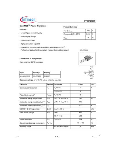 Infineon ipp60r250cp rev2.0.  . Electronic Components Datasheets Active components Transistors Infineon ipp60r250cp_rev2.0..pdf