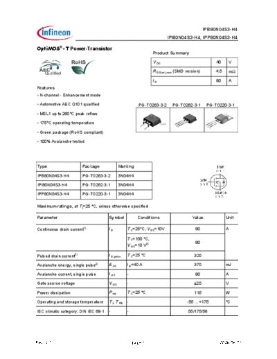 Infineon ipp80n04s3-h4  . Electronic Components Datasheets Active components Transistors Infineon ipp80n04s3-h4.pdf