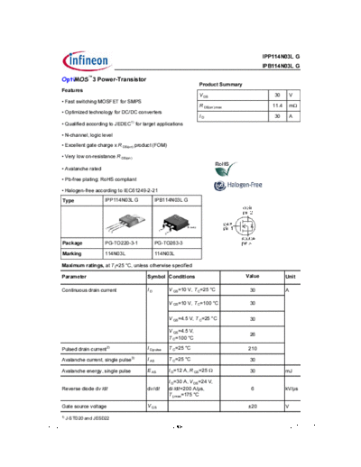 Infineon ipp114n03l rev2.0  . Electronic Components Datasheets Active components Transistors Infineon ipp114n03l_rev2.0.pdf
