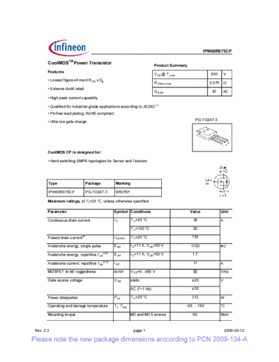 Infineon ipw60r075cp rev23 pcn  . Electronic Components Datasheets Active components Transistors Infineon ipw60r075cp_rev23_pcn.pdf