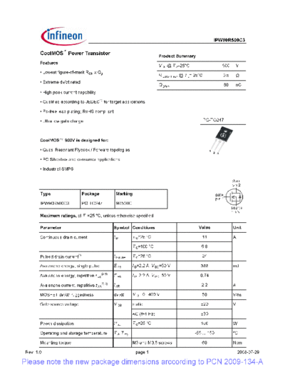Infineon ipw90r500c3 1[1].0 pcn  . Electronic Components Datasheets Active components Transistors Infineon ipw90r500c3_1[1].0_pcn.pdf