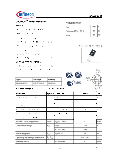 . Electronic Components Datasheets spa06n80c3 rev2.91 a  . Electronic Components Datasheets Active components Transistors Infineon spa06n80c3_rev2.91_a.pdf