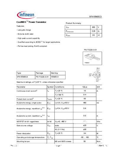 Infineon spa15n65c3 rev2.0  . Electronic Components Datasheets Active components Transistors Infineon spa15n65c3_rev2.0.pdf