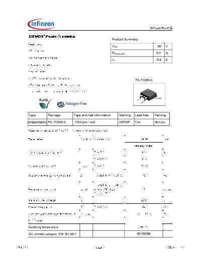 Infineon spb08p06p rev1.6  . Electronic Components Datasheets Active components Transistors Infineon spb08p06p_rev1.6.pdf