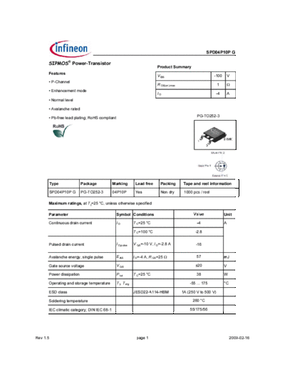 Infineon spd04p10p rev1.5  . Electronic Components Datasheets Active components Transistors Infineon spd04p10p_rev1.5.pdf
