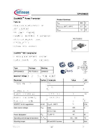 Infineon spp02n80c3 rev2.91  . Electronic Components Datasheets Active components Transistors Infineon spp02n80c3_rev2.91.pdf