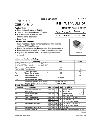 International Rectifier irfp31n50lpbf  . Electronic Components Datasheets Active components Transistors International Rectifier irfp31n50lpbf.pdf