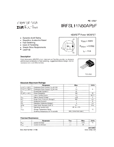 International Rectifier irfsl11n50apbf  . Electronic Components Datasheets Active components Transistors International Rectifier irfsl11n50apbf.pdf