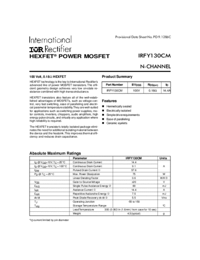 International Rectifier irfy130cm  . Electronic Components Datasheets Active components Transistors International Rectifier irfy130cm.pdf