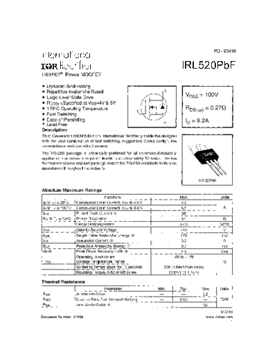 International Rectifier irl520pbf  . Electronic Components Datasheets Active components Transistors International Rectifier irl520pbf.pdf