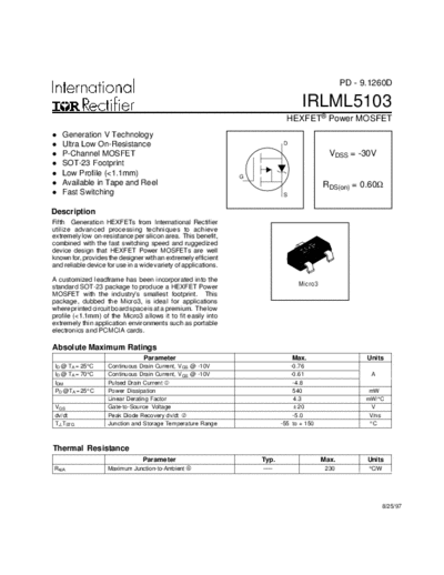 International Rectifier irlml5103  . Electronic Components Datasheets Active components Transistors International Rectifier irlml5103.pdf