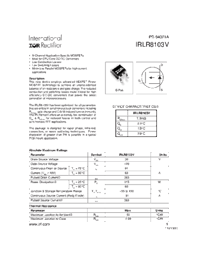 International Rectifier irlr8103v  . Electronic Components Datasheets Active components Transistors International Rectifier irlr8103v.pdf
