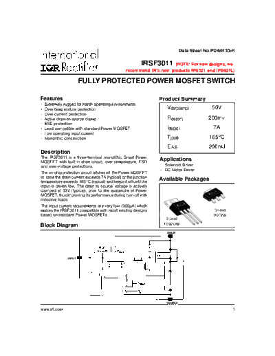 International Rectifier irsf3011  . Electronic Components Datasheets Active components Transistors International Rectifier irsf3011.pdf