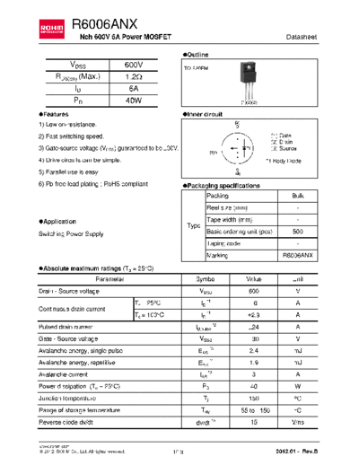 Rohm r6006anx  . Electronic Components Datasheets Active components Transistors Rohm r6006anx.pdf