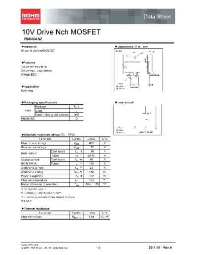 Rohm r6046anz  . Electronic Components Datasheets Active components Transistors Rohm r6046anz.pdf