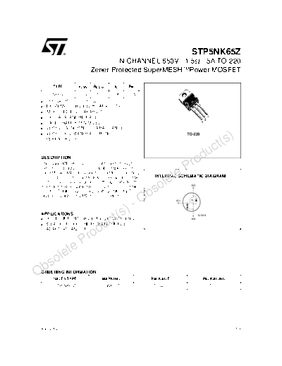 ST stp5nk65z  . Electronic Components Datasheets Active components Transistors ST stp5nk65z.pdf