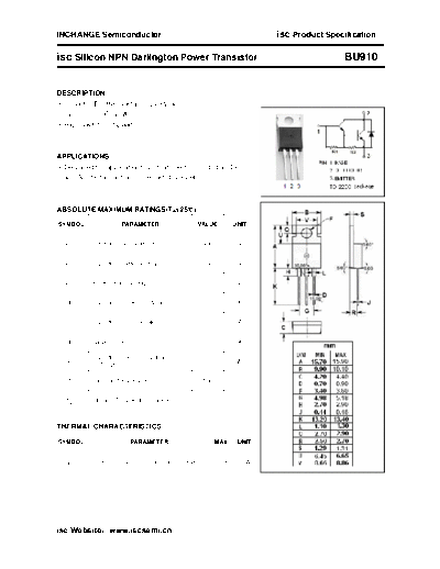 Inchange Semiconductor bu910  . Electronic Components Datasheets Active components Transistors Inchange Semiconductor bu910.pdf