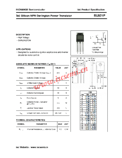 Inchange Semiconductor bu921p  . Electronic Components Datasheets Active components Transistors Inchange Semiconductor bu921p.pdf