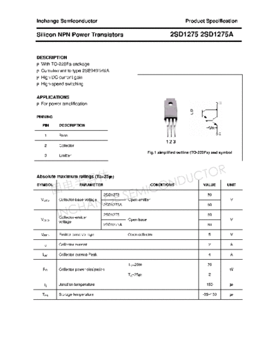 Inchange Semiconductor 2sd1275 2sd1275a  . Electronic Components Datasheets Active components Transistors Inchange Semiconductor 2sd1275_2sd1275a.pdf