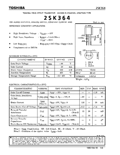 Toshiba 2sk364  . Electronic Components Datasheets Active components Transistors Toshiba 2sk364.pdf
