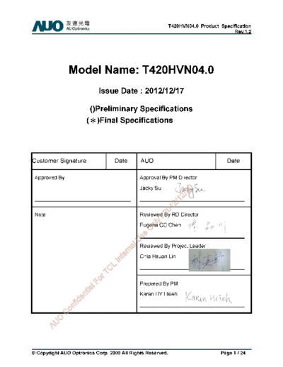 . Various Panel AUO T420HVN04-0 0 [DS]  . Various LCD Panels Panel_AUO_T420HVN04-0_0_[DS].pdf